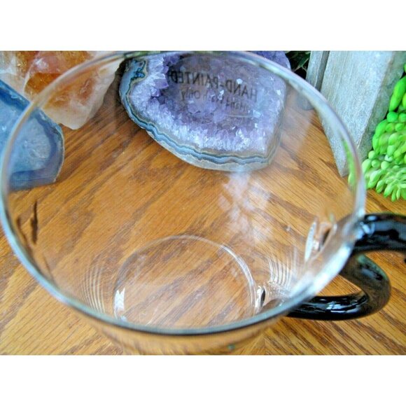New Hand Painted Black Cat & Bats Clear Glass Tea Coffee Mug Cup w/ Tail Handle - Picture 9 of 9